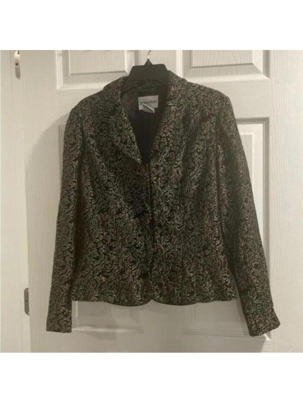 Danny & Nicole Vintage Black Gold Metallic Damask Printed Long Sleeve Jacket